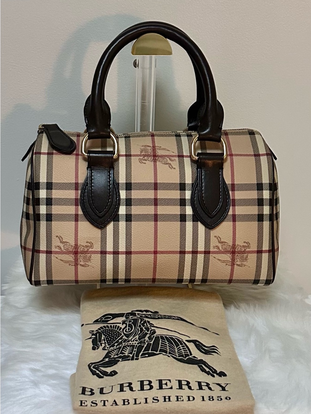 Authentic BURBERRY Haymarket Nova Check Boston Hand Bag Leather Handle Excellent
